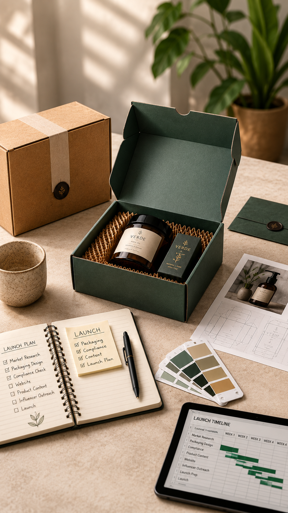 Product, packaging and commerce materials representing a coordinated product brand launch