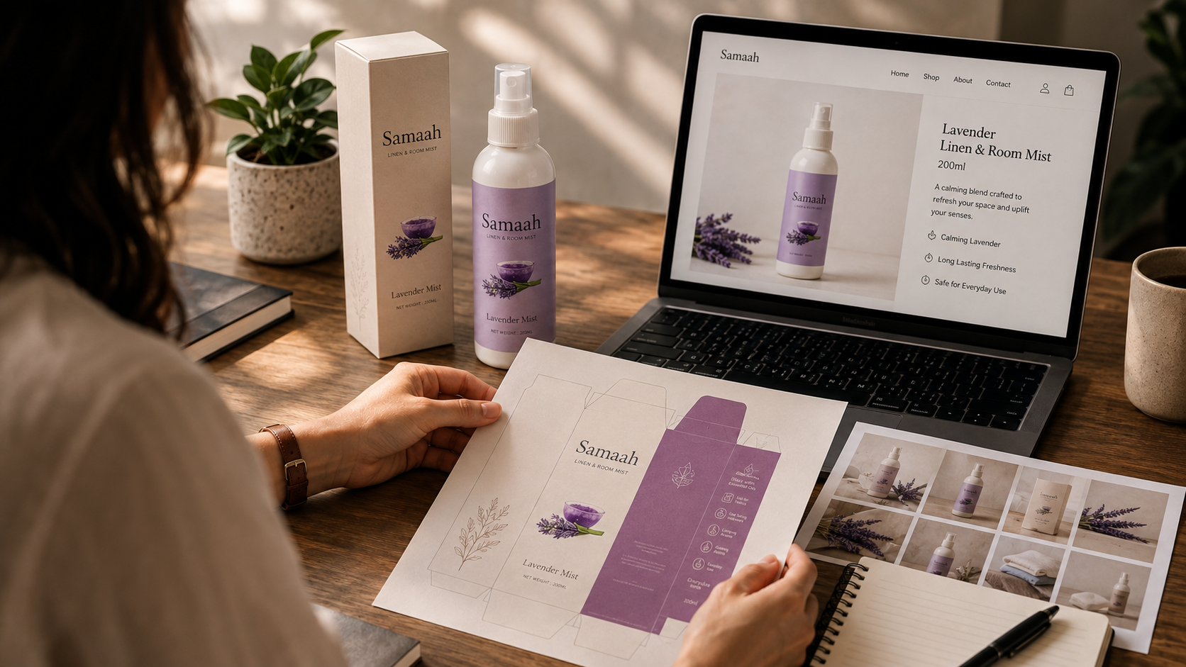 A premium fragrance product, kraft packaging, a laptop showing an online storefront and a phone showing a product page